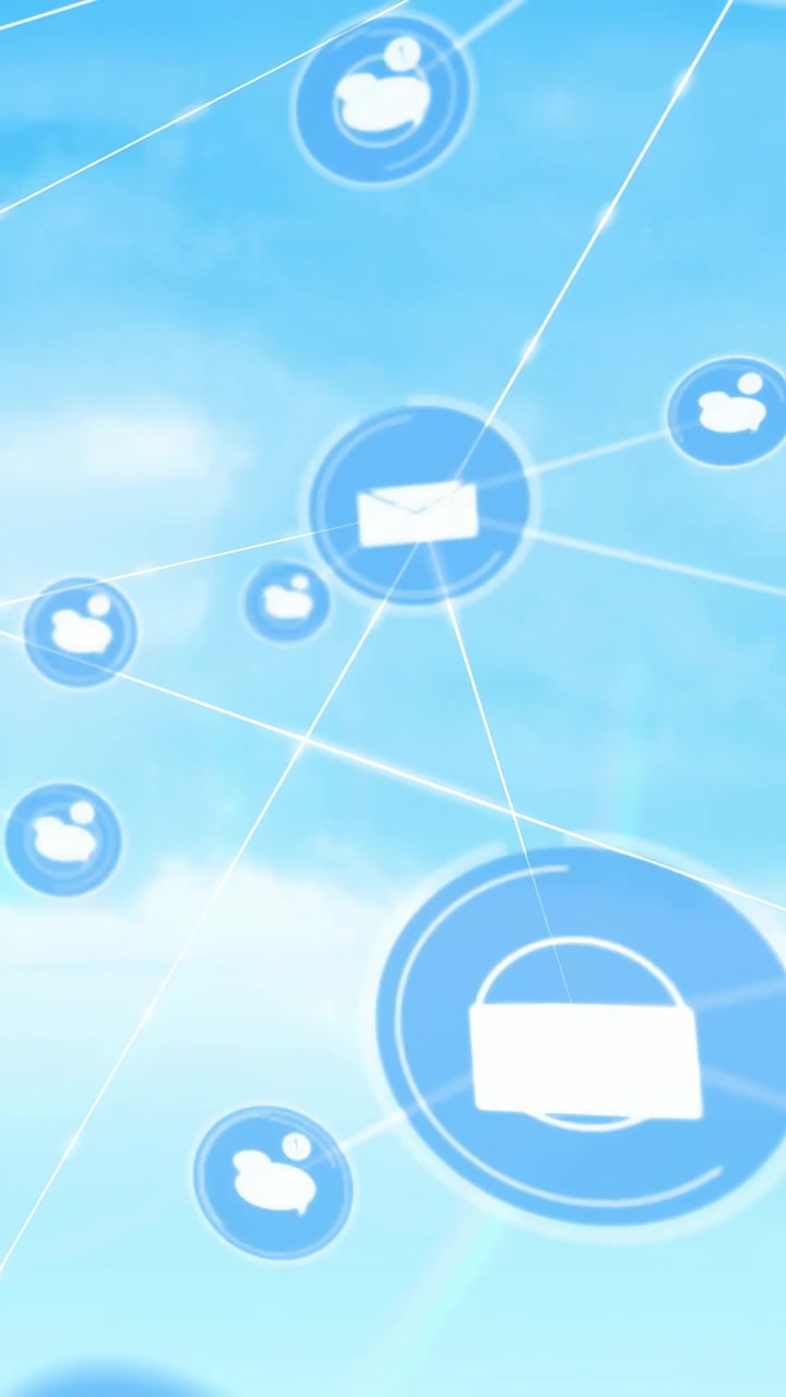 Vertical video: Dot appearing triggers mail icon growing, joining user file icons forming cloud net