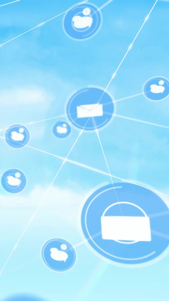 Vertical video: Dot appearing triggers mail icon growing, joining user file icons forming cloud net