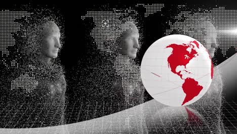 Animation-of-globe-and-world-map-over-human-models-on-black-digital-background