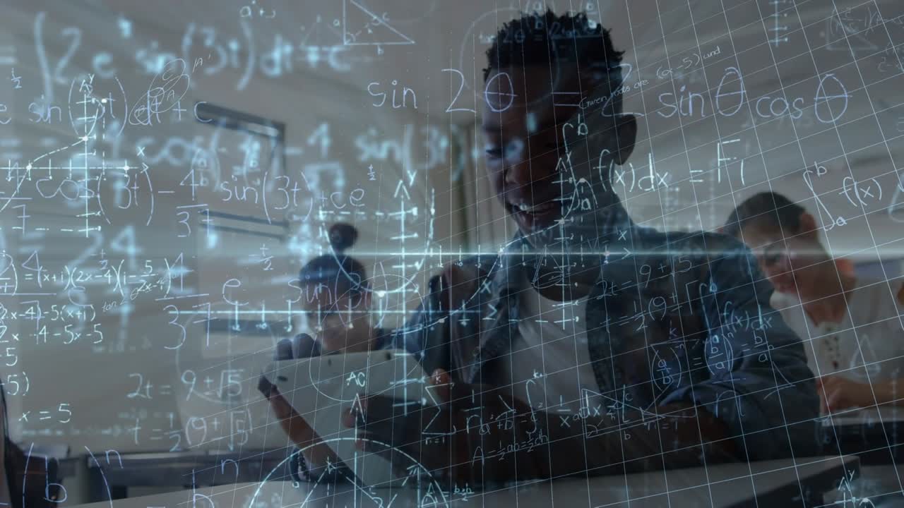 Animation of data processing over business people using laptop