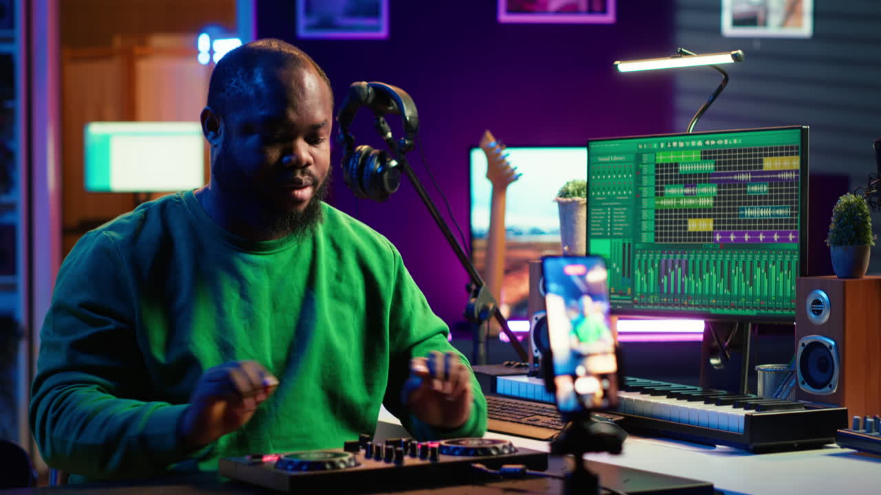 productor de música explicando faders y botones en la consola de mezcla antes de la enseñanza