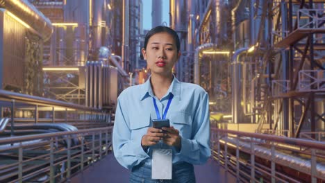 asian female professional worker standing with her smarphone at a vast oil refinery, she observes by looking around before she come to concentrating with her smarphone