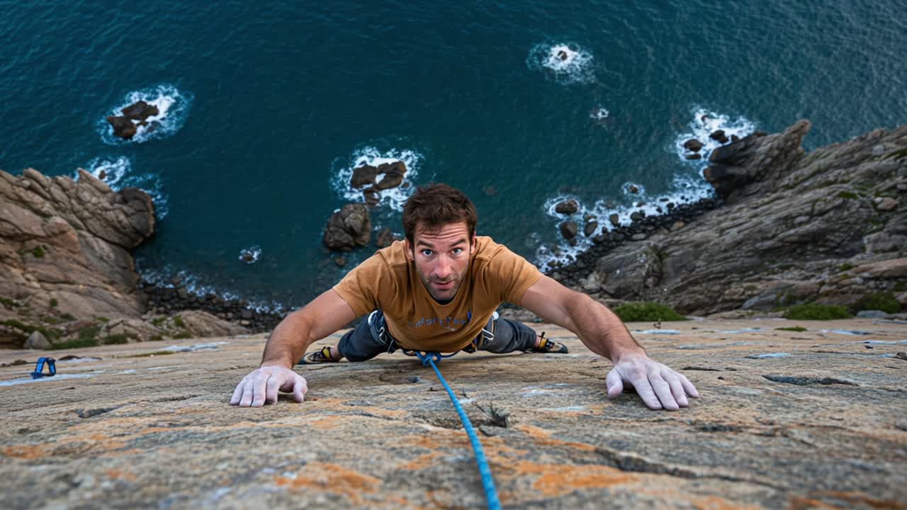 Determined Climber Conquering Rugged Cliffside: A Thrilling Ascent Above the Ocean's Edge with a Breathtaking View of Nature's Majesty