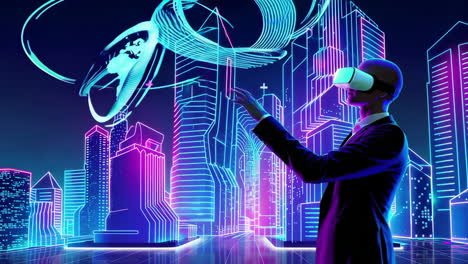 man exploring a futuristic digital city in virtual reality