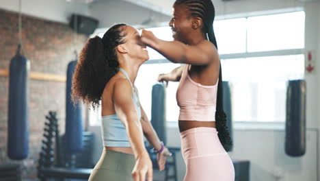 Gym,-hug-and-women-with-fitness