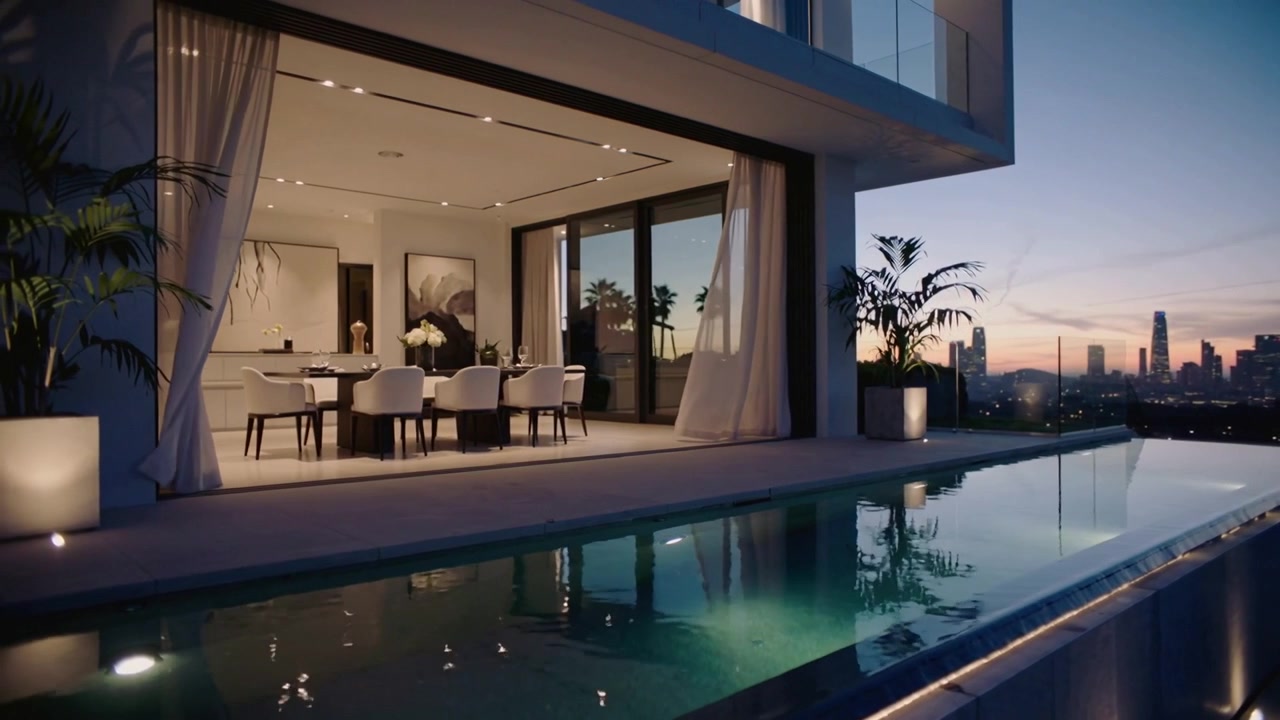Kameraskub starter, en penthouse-terrasse skifter til skumring, infinity-poolen kruser, og gardinerne blafrer.