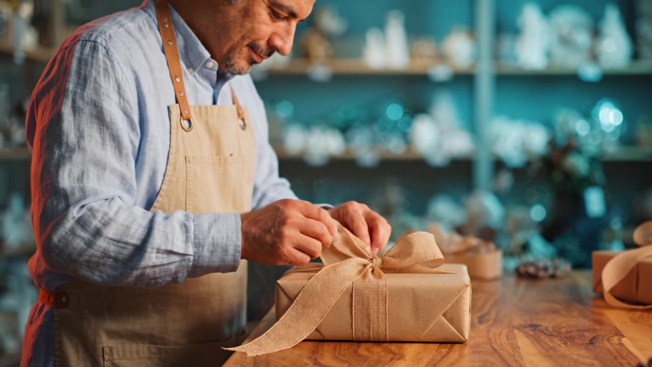 Un artigiano esperto avvolge con cura un regalo splendidamente realizzato, mostrando attenzione ai dettagli e dedizione alla qualità, in un'incantevole cornice decorata