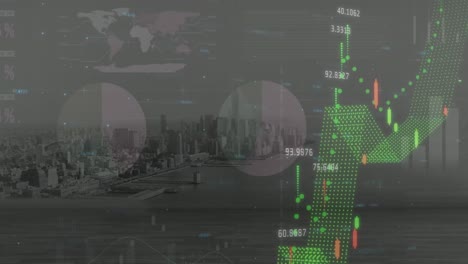 animation of data processing with world map over cityscape