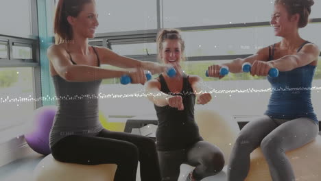 animation of financial data processing over diverse female friends exercising at gym