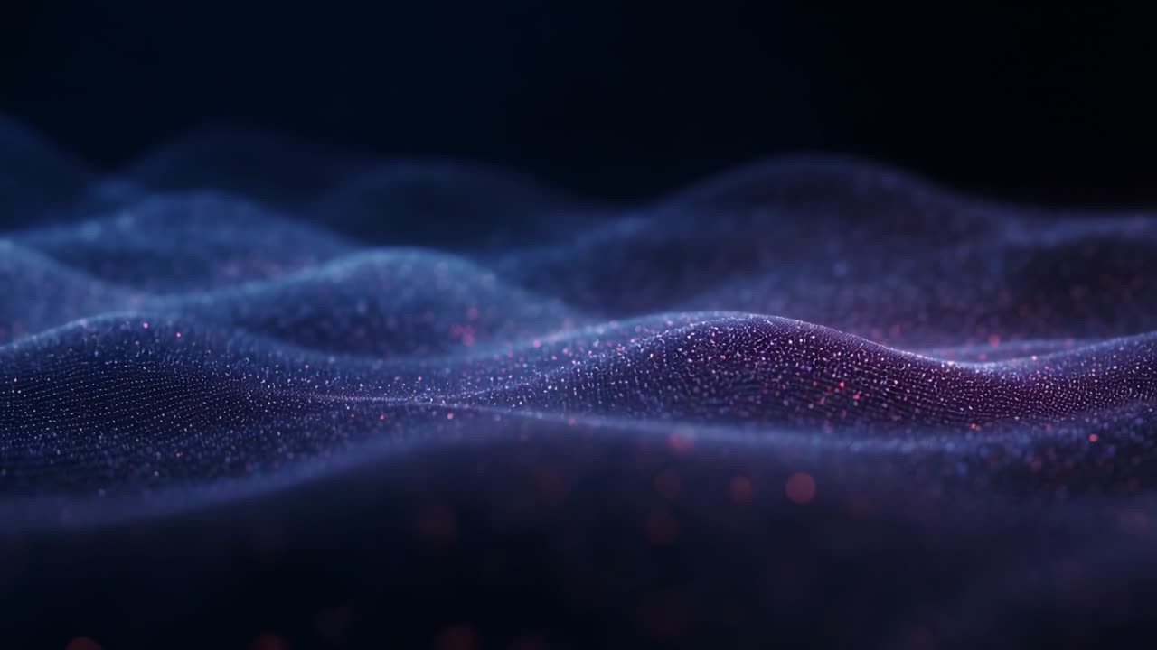Shifting point-cloud surface drifting in deep void, driven by animated field creating shimmer