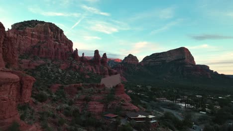 flying over sedona resort town with chapel of the holy cross in arizona, usa