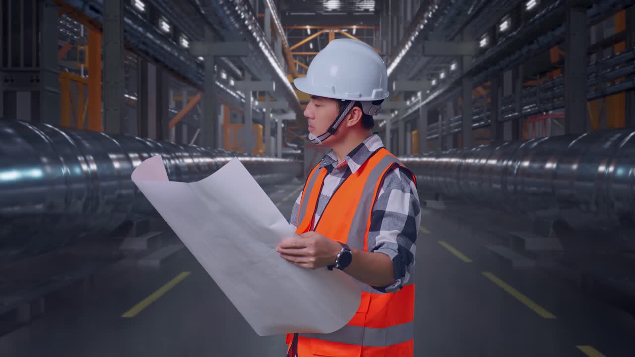 Side View Of Asian Male Engineer With Safety Helmet Looking At Blueprint In His Hands And Looking Around While Standing With Metal Pipes