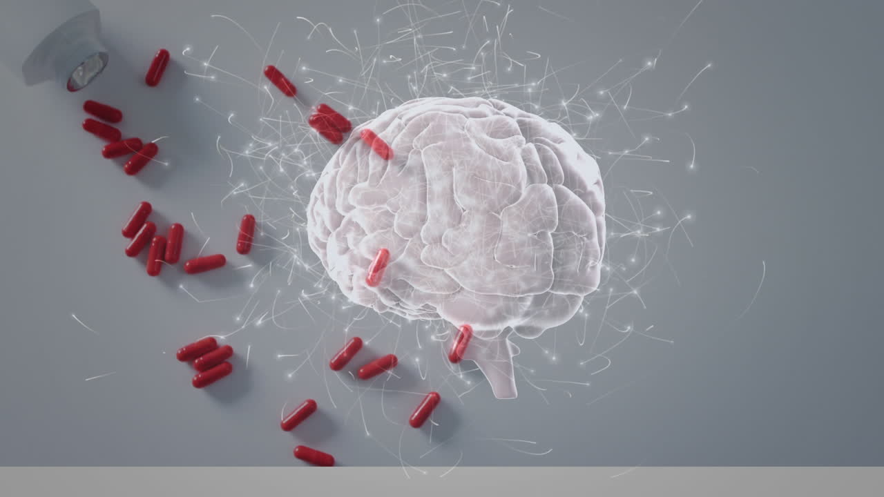 animación del cerebro digital sobre pastillas sobre un fondo blanco.