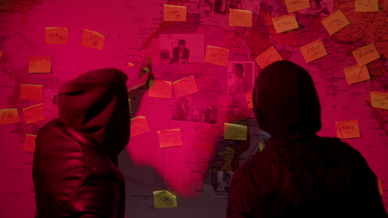 어두운 방에서 해커 공격을 계획하는 두 젊은이의 뒷모습