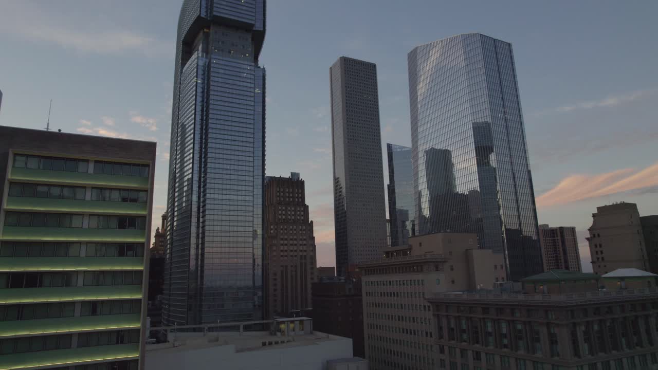 View of skyscrapers in Houston at dusk