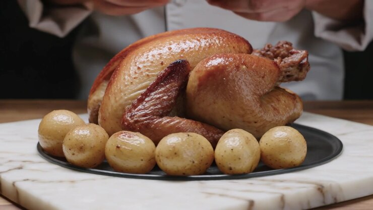 Prendendo una patata, uno chef con la camicia con i polsini posiziona le patate attorno a un uccello arrosto su un tagliere di marmo per impiattare.