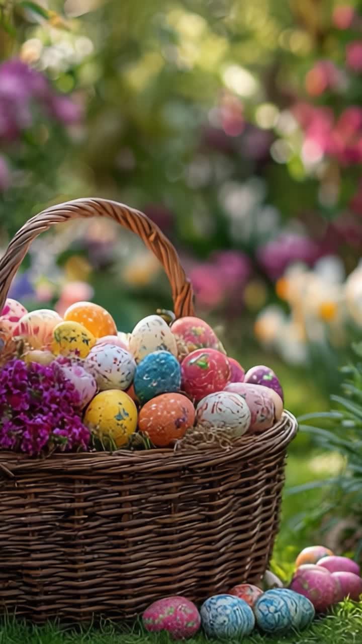 A Vibrant Display of Colorful Easter Eggs Nestled in a Woven Basket Surrounded by a Lush Floral Garden, Celebrating Joyful Springtime Traditions and Festivities
