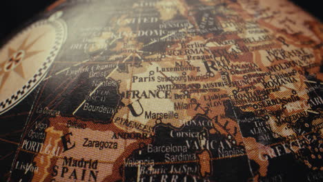 close-up of a vintage world globe map