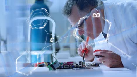 animation of dna, chemical structures over caucasian male engineer soldering electric circuit board