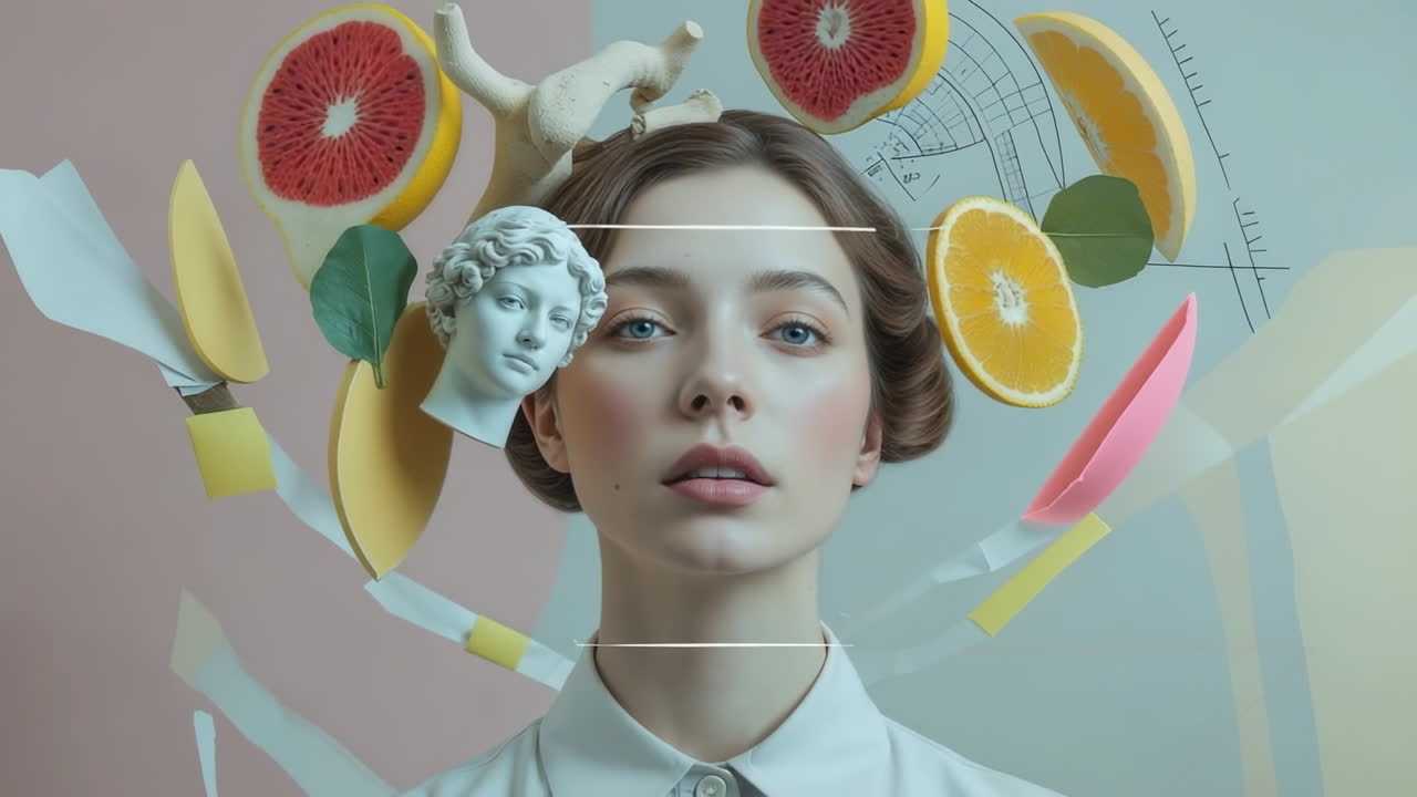 Surreal Portrait of a Woman with Floating Citrus and Classical Elements