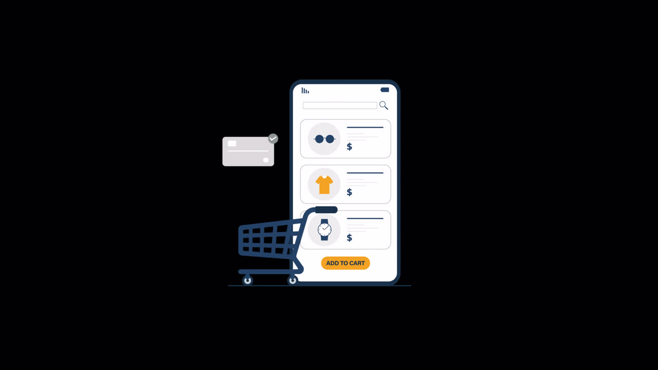 Animated Smartphone E-commerce App with Shopping Cart and Products