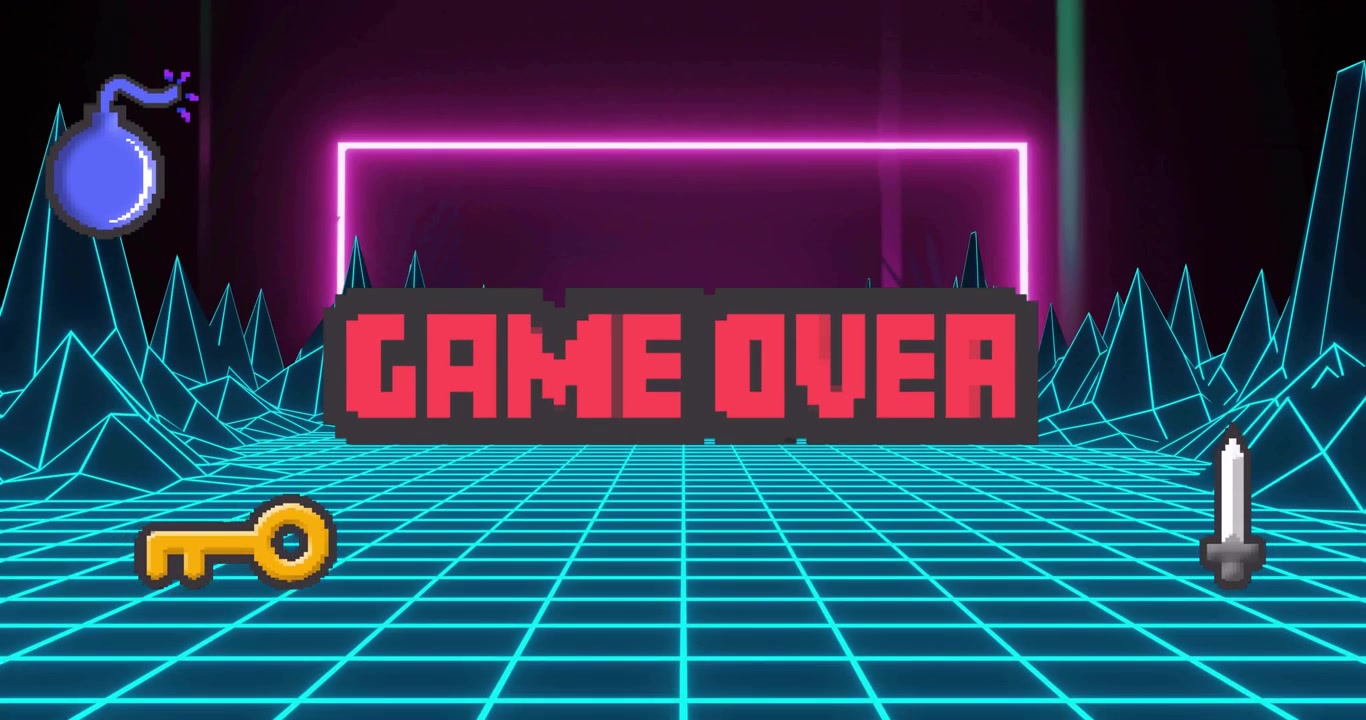 Neonrektangel lyser gradvis opp etter at spillet er slutt, fremhever GAME OVER på et retro spillrutenett