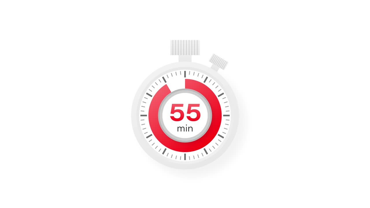 The 55 minutes timer. Stopwatch icon in flat style. Motion graphics.