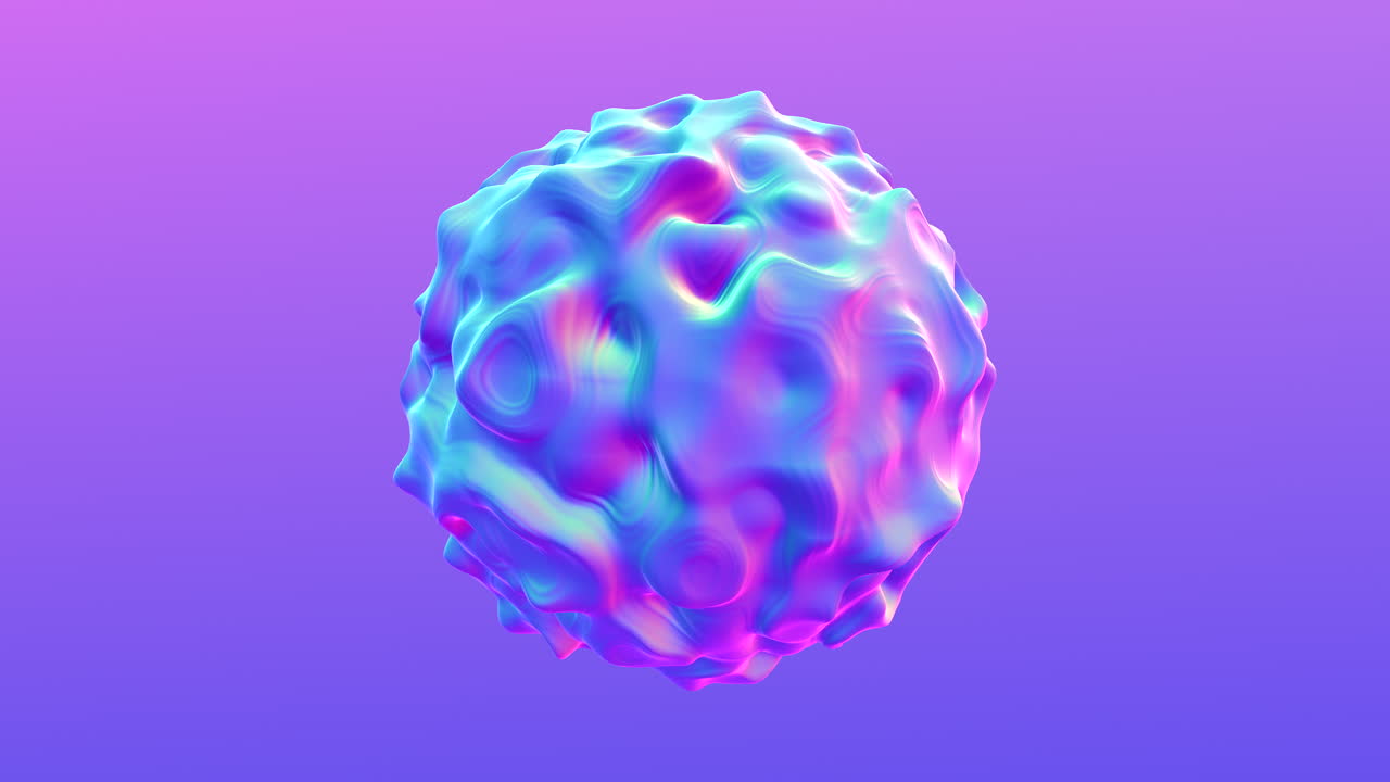 A 3D-rendered sphere featuring a bumpy texture with pink and blue hues dominates the image. The surface lacks distinct features, enhancing its minimalist and abstract appearance