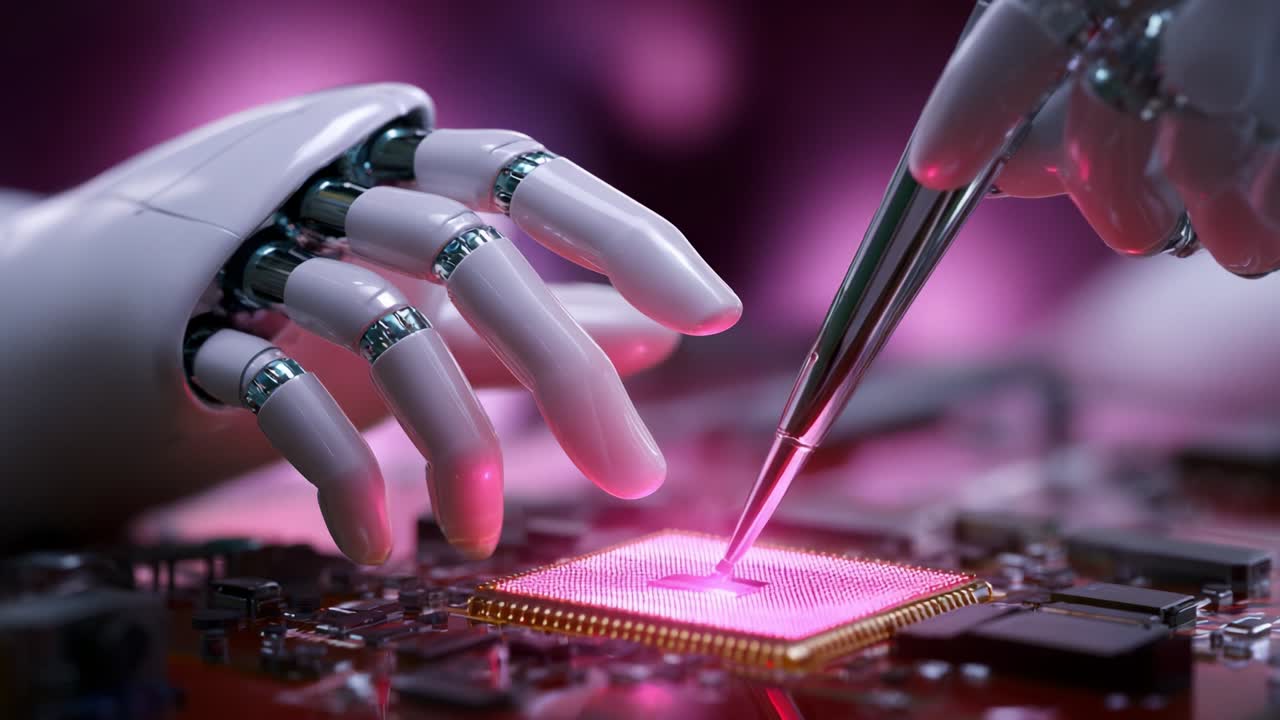 Exploring the Intersection of Robotics and Technology: A Futuristic Robotic Hand Engaging in Precision Work on a Microchip, Showcasing the Intricacies of Modern Electronics and AI Development