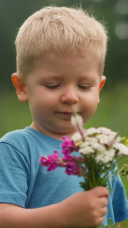 happy fair haired toddler boy holds bouquet of windflowers on playground at eco resort hotel in green forest close view slow motion