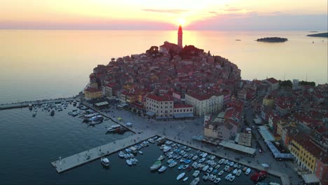 shot of aerial panorama of sunset in the old town of rovinj