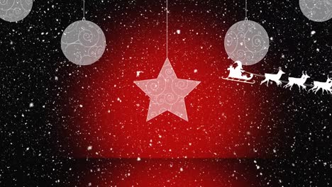 Animation-of-snow-falling-over-star-on-red-background