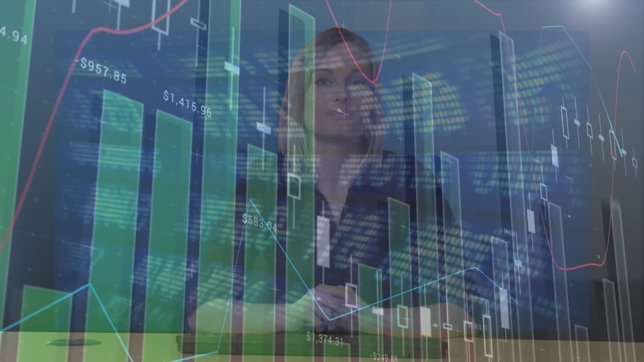 animación del procesamiento de datos financieros sobre presentadora de televisión femenina