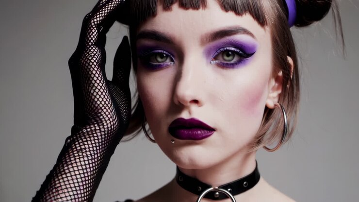 Modeportræt af en kvinde med markant makeup og accessories
