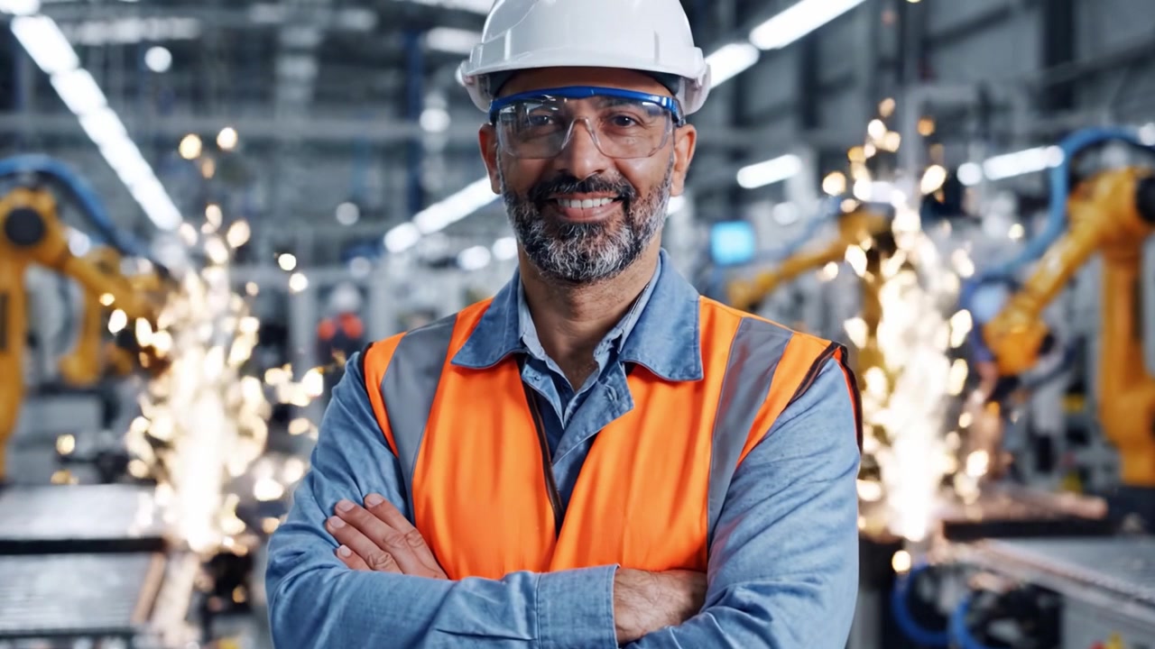 Un lavoratore fiducioso in un moderno impianto di produzione con attrezzature robotiche e dispositivi di sicurezza, che mostra competenza e innovazione industriale