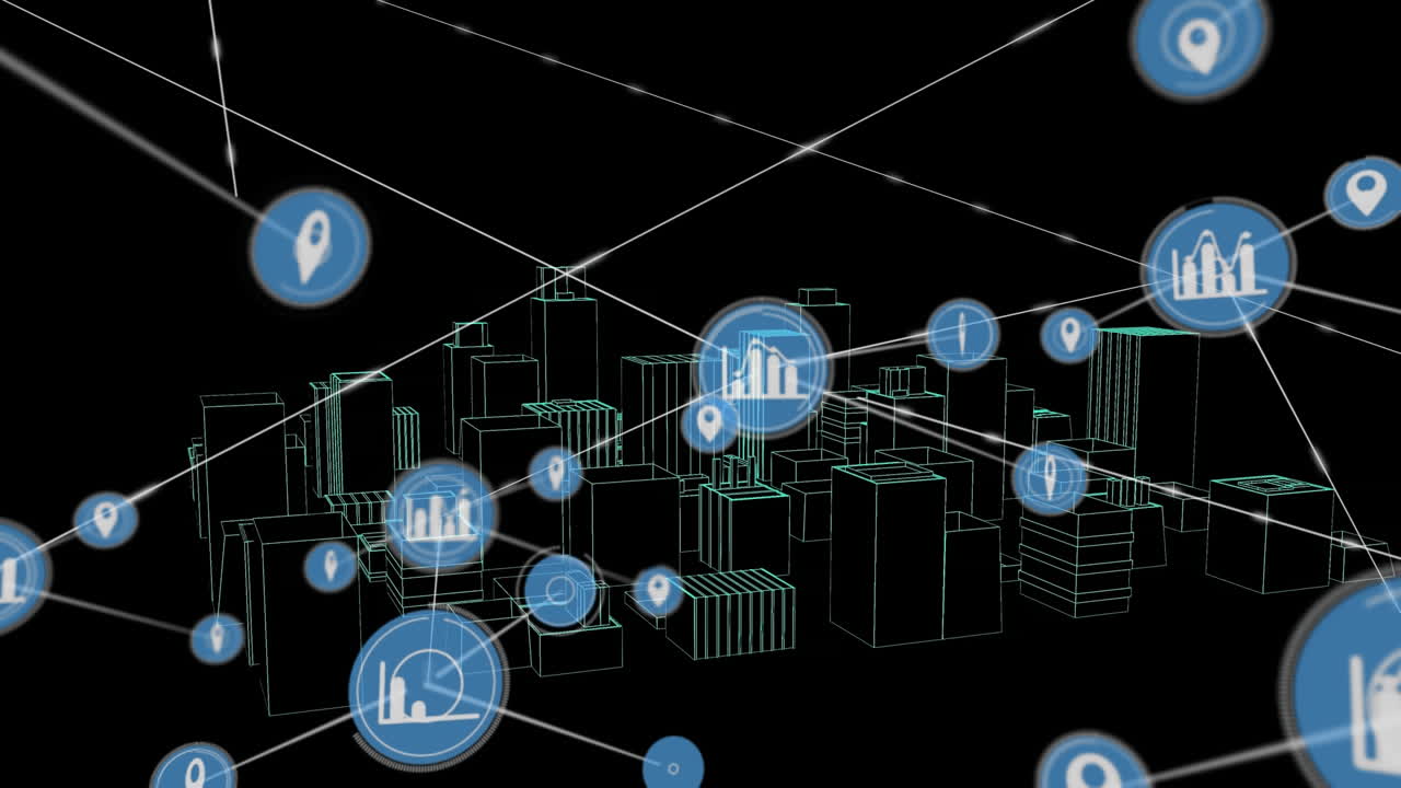 Digital animation of network of connections against 3d city model spinning on black background