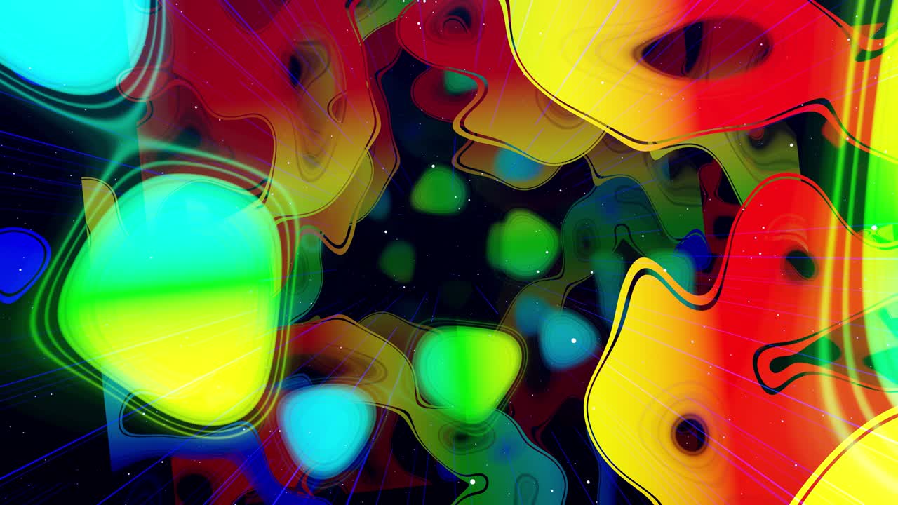 movimiento gráfico abstracto colorido en bucle bg arte moderno, volar en el espacio artístico, estructura multicapa con patrón, partículas de brillo y líneas. textura ornamental color gradiente arco iris. diseño de movimiento vj bucle.