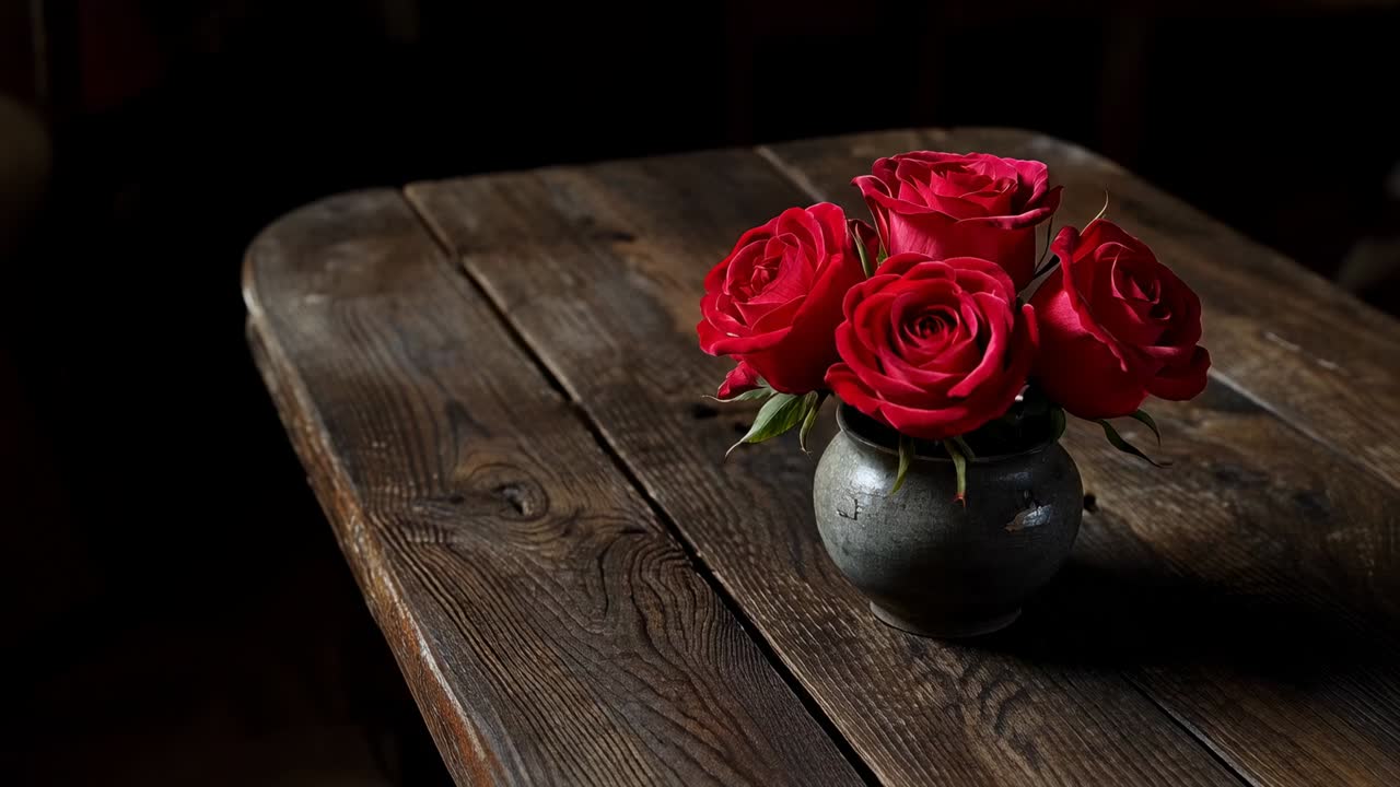 Camera in movimento che inizia ad avvicinarsi a un piccolo vaso in ceramica su un tavolo rustico, rivelando quattro rose rosse