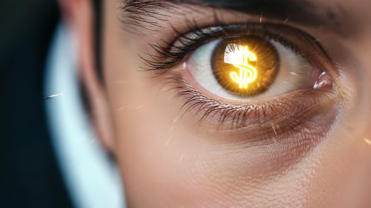 A Close-Up Perspective of an Eye with Sparkling Dollar Sign Reflections: Exploring Themes of Wealth, Ambition, and the Drive for Financial Success