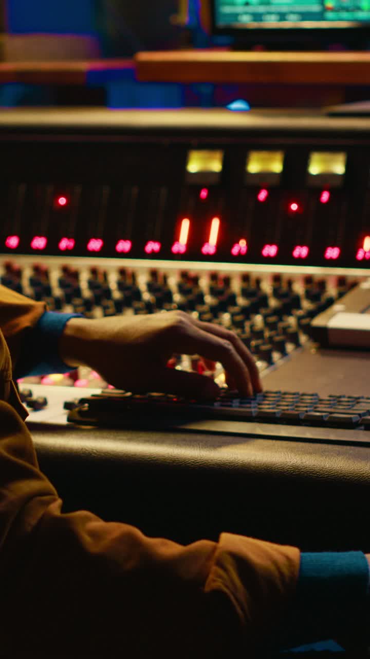 Audio Engineer's Hands Operating a Mixing Console in a Recording Studio