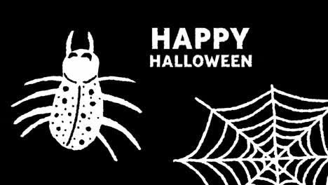 animation of happy halloween text over spiderweb on dark background