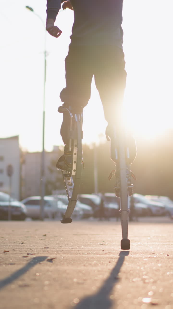 회색 후디와 어두운 회색 바지를 입은 남자의 뒷 장면은 해가 지는 동안 집으로 둘러싸인 주거 지역의 포장 된 도로에서 봄의 기둥에 뛰어 다니며 역동적인 움직임을 보여줍니다.