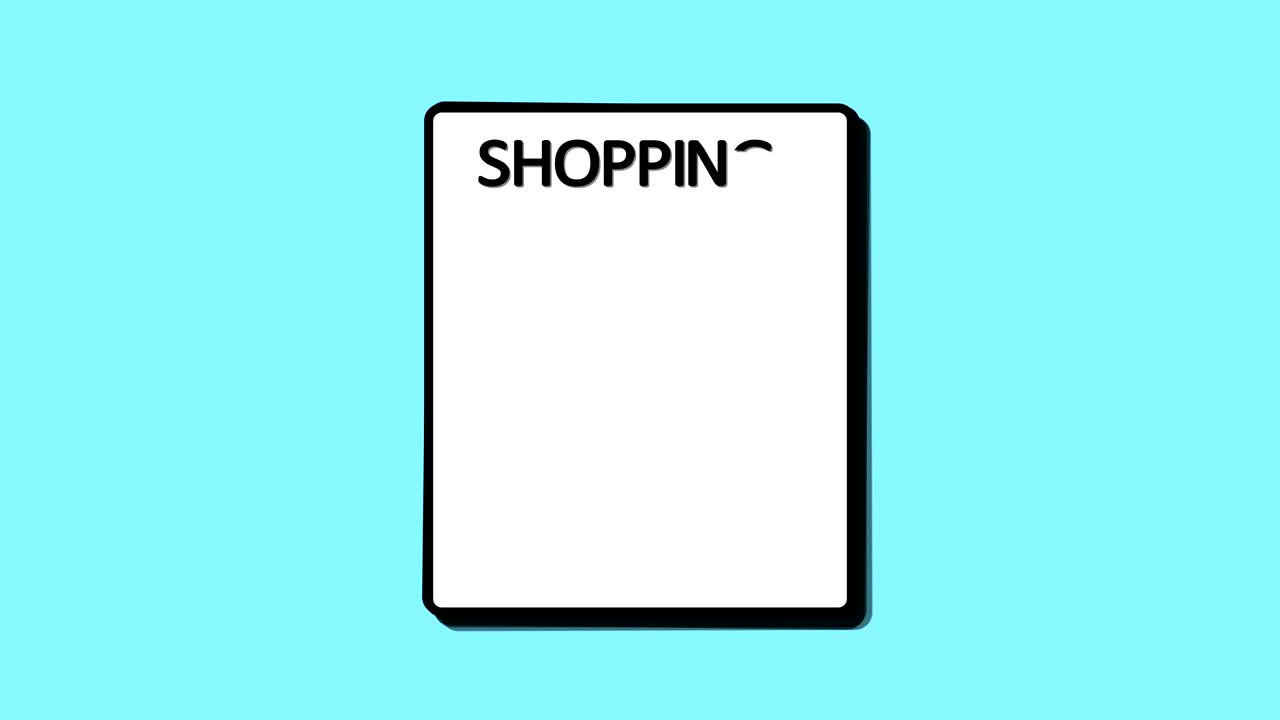 체크 박스를 가진 쇼핑 리스트 종이 안과 밖의 애니메이션 루프 파란색