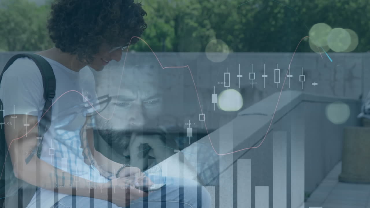 Animation of financial data processing over biracial man using smartphone