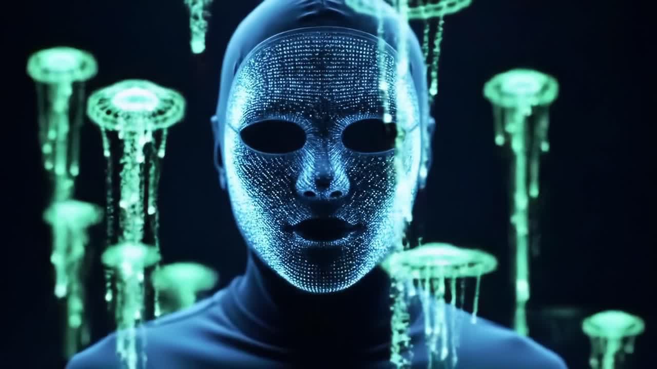 A Mysterious Figure with a Digital Mask Surrounded by Ethereal Jellyfish, Presenting an Enigmatic Blend of Technology and Nature in a Captivating Visual Display