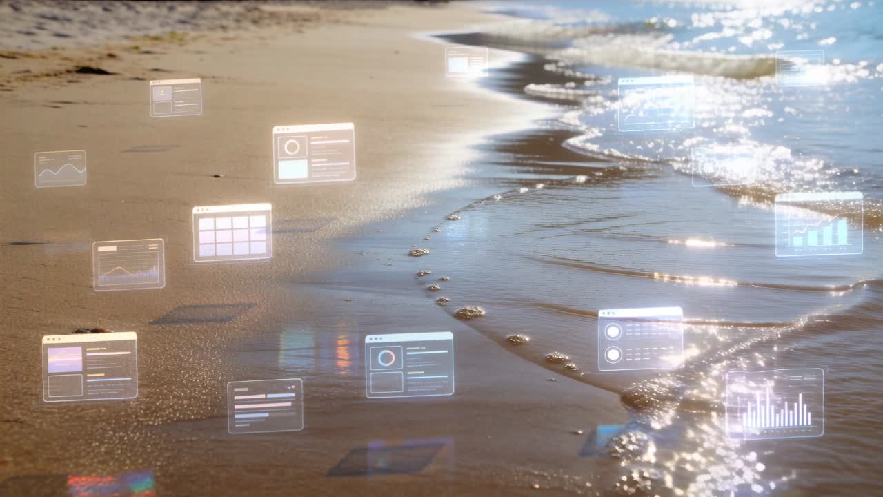 Advancing small wave driven by tide wetting sand shoreline, shifting UI panels' reflections