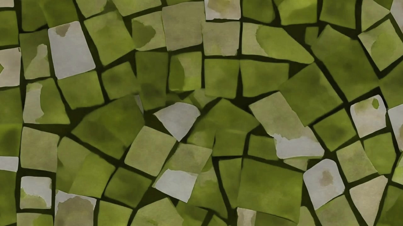 Piastrelle a mosaico astratte verdi ad acquerello in dispersione su sfondo nero