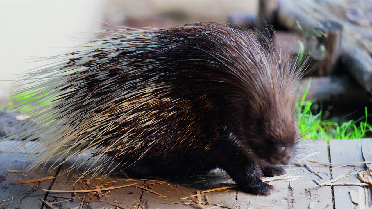 Close up of a porcupine eating while sitting on a wooden platform at the zoo