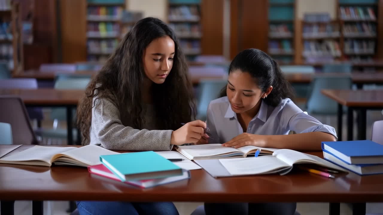 Due giovani donne che studiano insieme in una biblioteca, circondate da libri