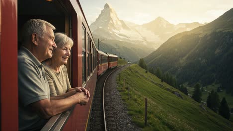 a grateful journey: two seniors enjoying a scenic train ride through majestic mountains at sunset, embracing nature's beauty and each other's company